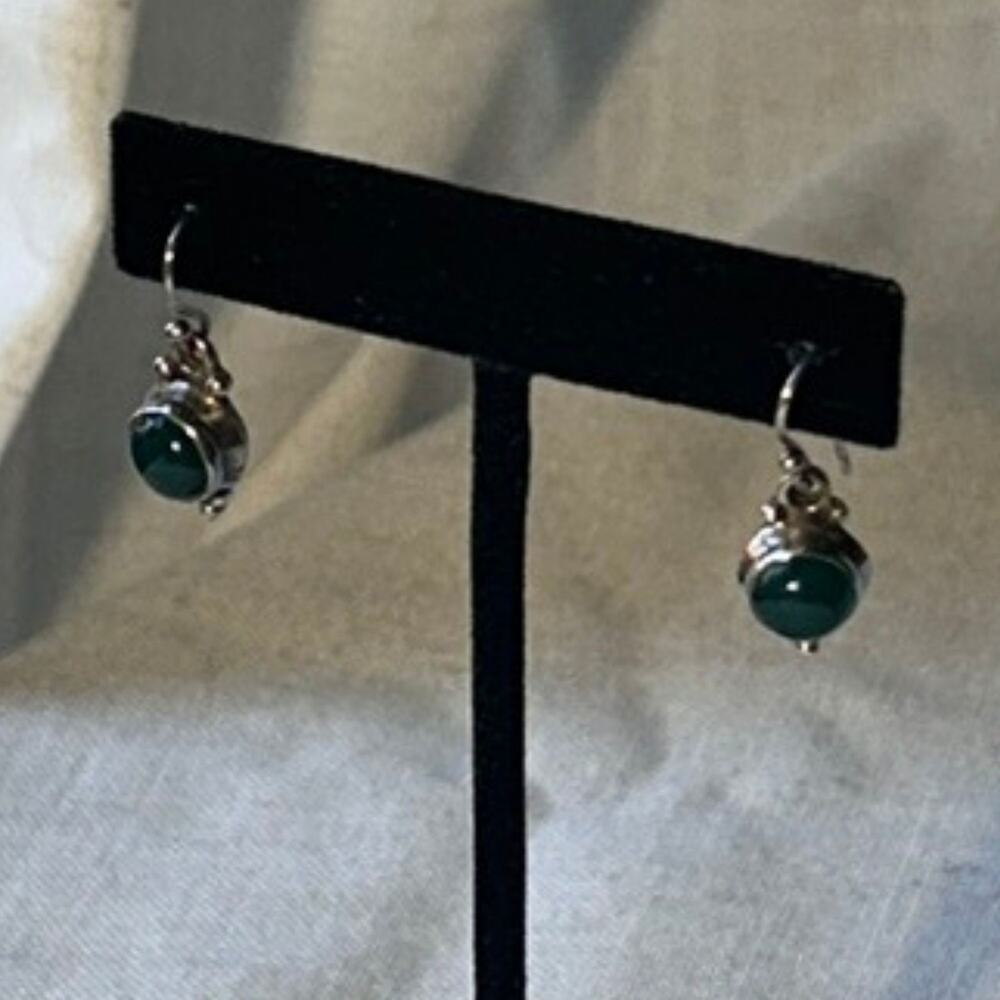 Sterling Silver Green Onyx Drop Earrings Cabochon 925 - Picture 10 of 11
